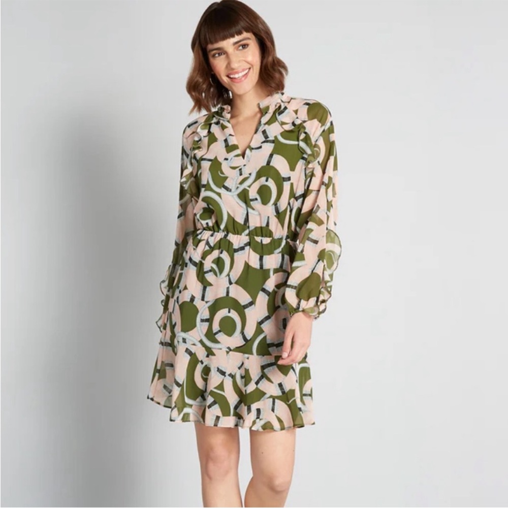 Hutch Medusa Moments Green Pink Mini Ruffle Long Sleeve Mini Dress Size L